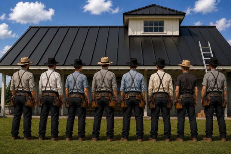 Illustration of the Distinctive Metal Roofing install crew, seen from behind, in front of a standing seam metal roof